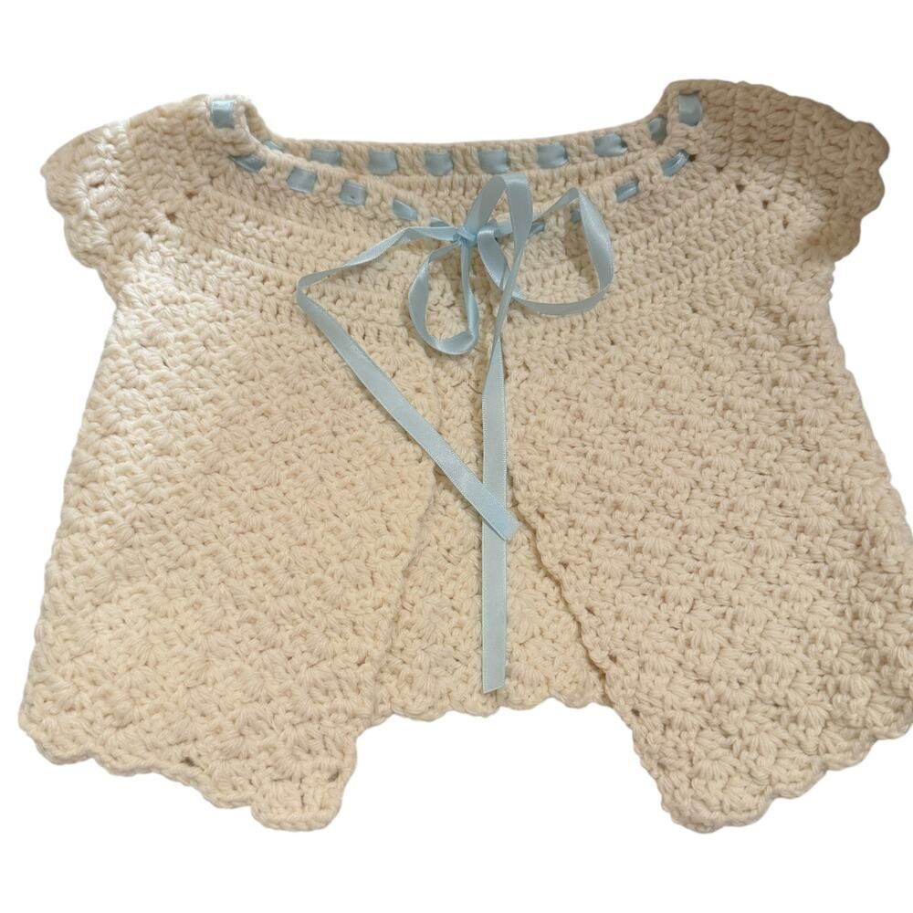 Hand Knit Baby Cream Cardigan Seater Tie Front Crochet